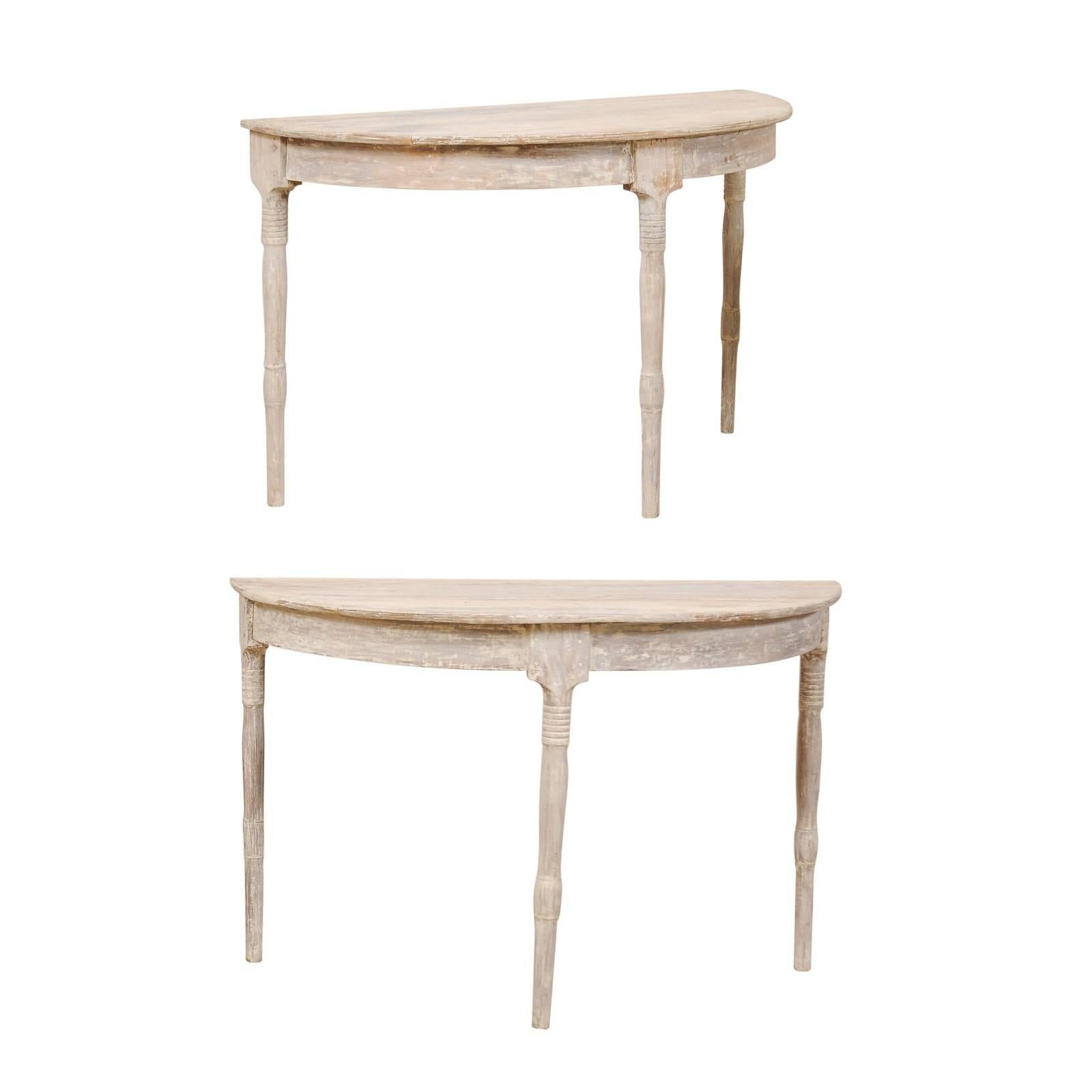 Pair of 19th Century Swedish Demilune Tables in Pale Grey and White Hues
