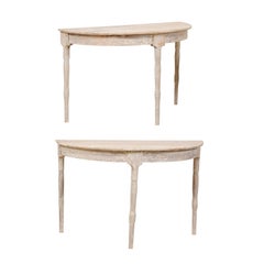Pair of 19th Century Swedish Demilune Tables in Pale Grey and White Hues