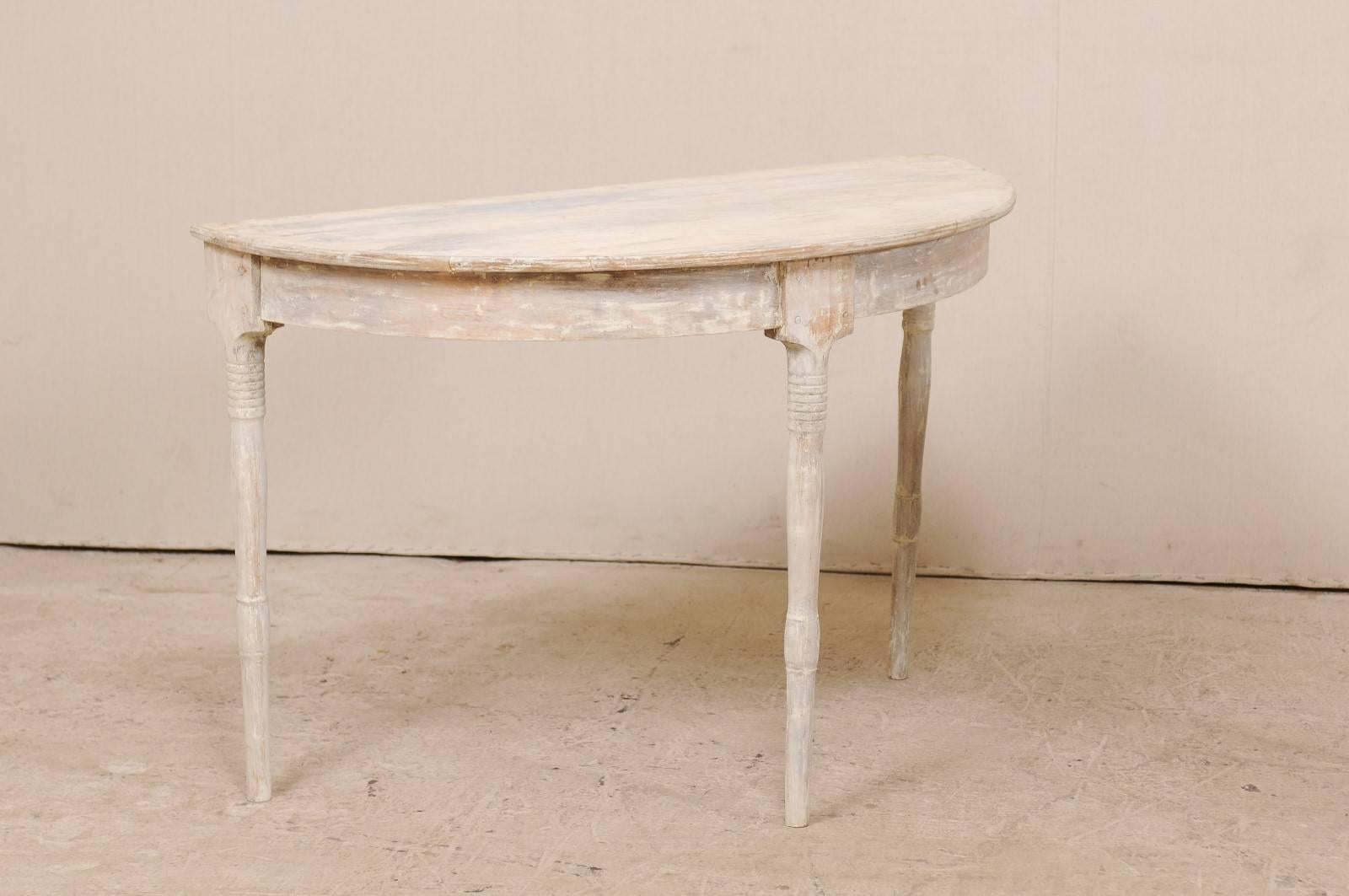 Carved Pair of 19th Century Swedish Demilune Tables in Pale Grey and White Hues