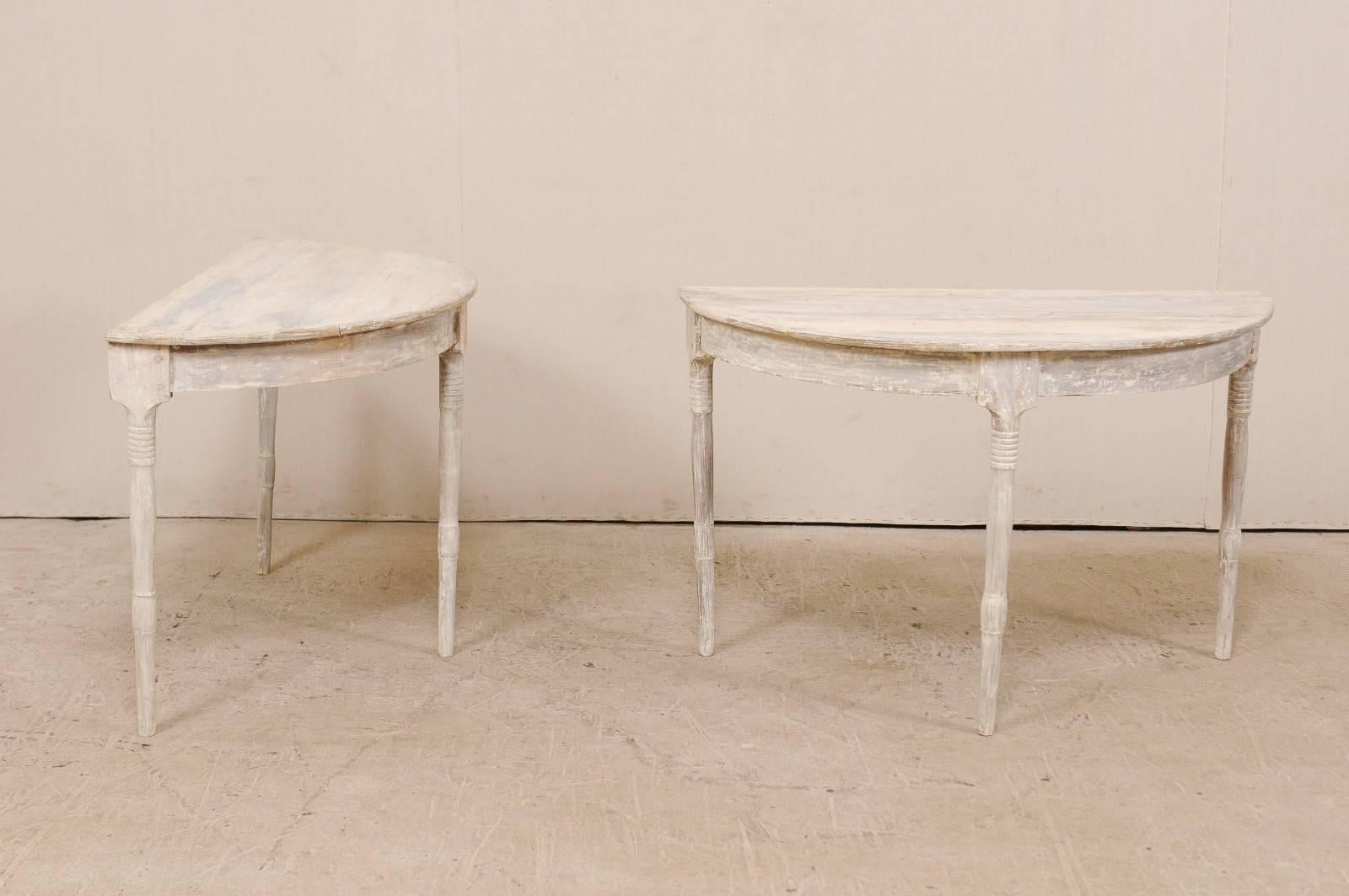 Wood Pair of 19th Century Swedish Demilune Tables in Pale Grey and White Hues