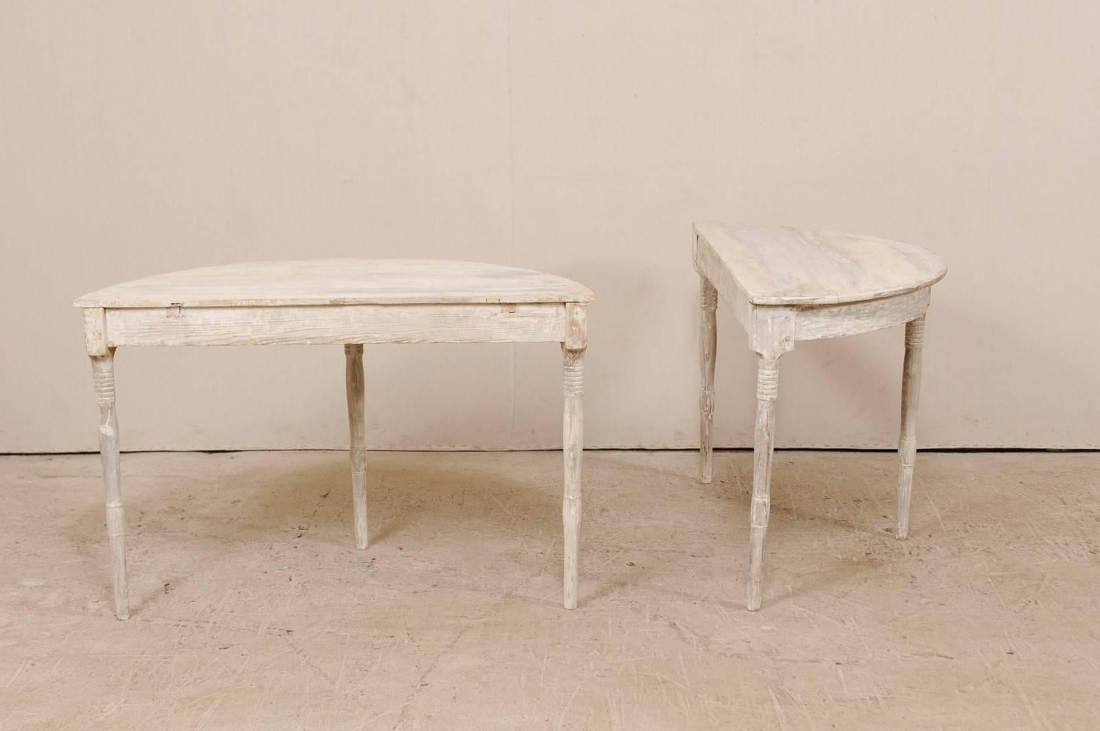 Pair of 19th Century Swedish Demilune Tables in Pale Grey and White Hues 1