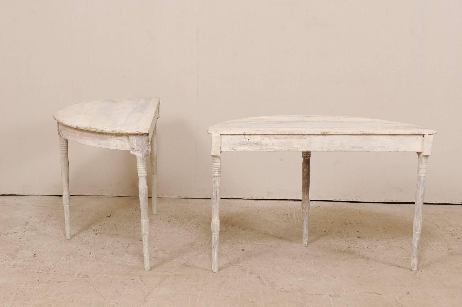 Pair of 19th Century Swedish Demilune Tables in Pale Grey and White Hues 2