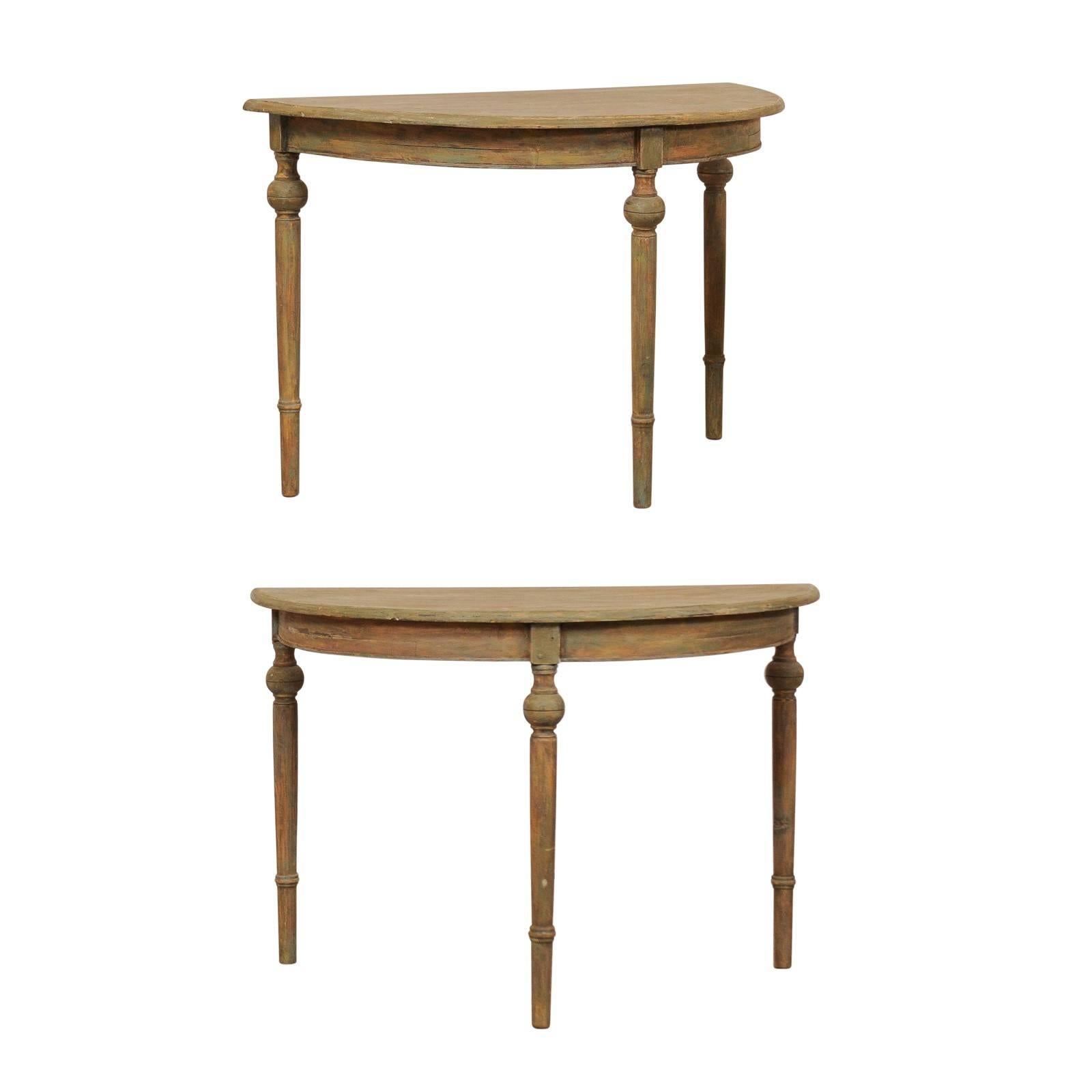Pair of 19th Century Swedish Painted Wood Demilune Tables in Warm Sage Hues
