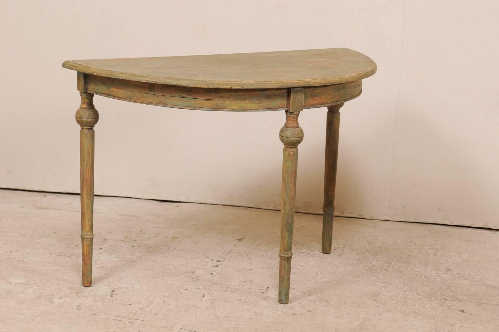 Turned Pair of 19th Century Swedish Painted Wood Demilune Tables in Warm Sage Hues