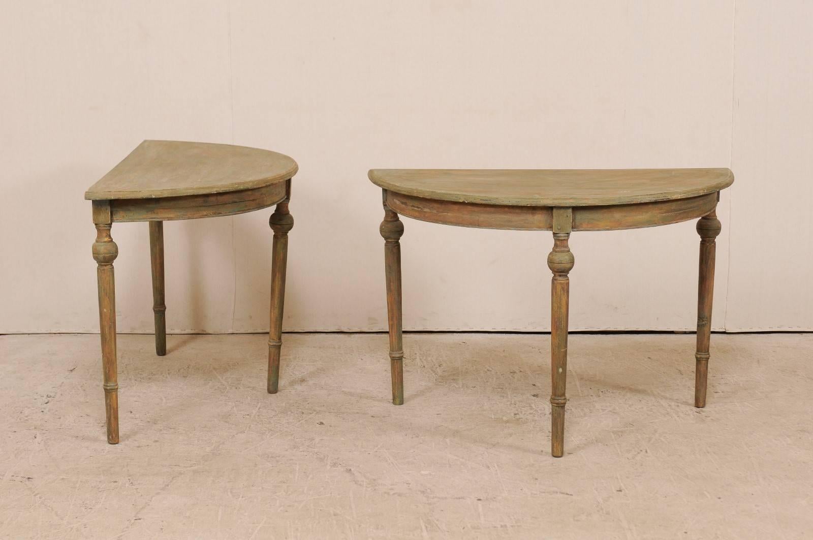 Pair of 19th Century Swedish Painted Wood Demilune Tables in Warm Sage Hues 1
