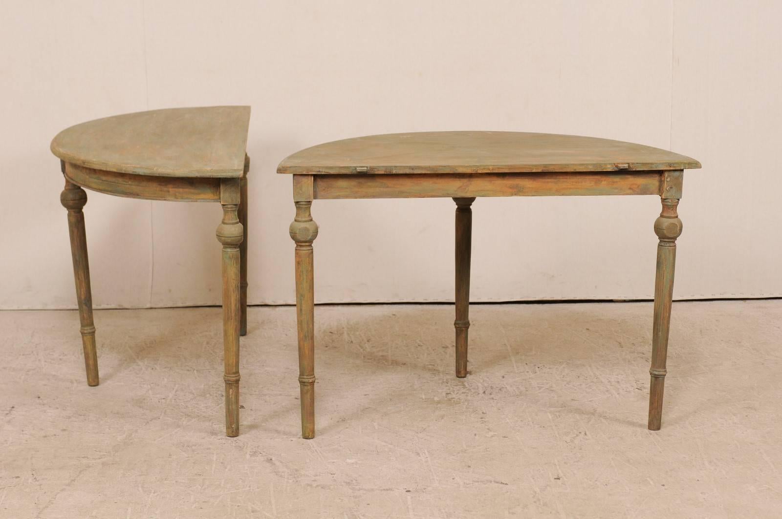 Pair of 19th Century Swedish Painted Wood Demilune Tables in Warm Sage Hues 5