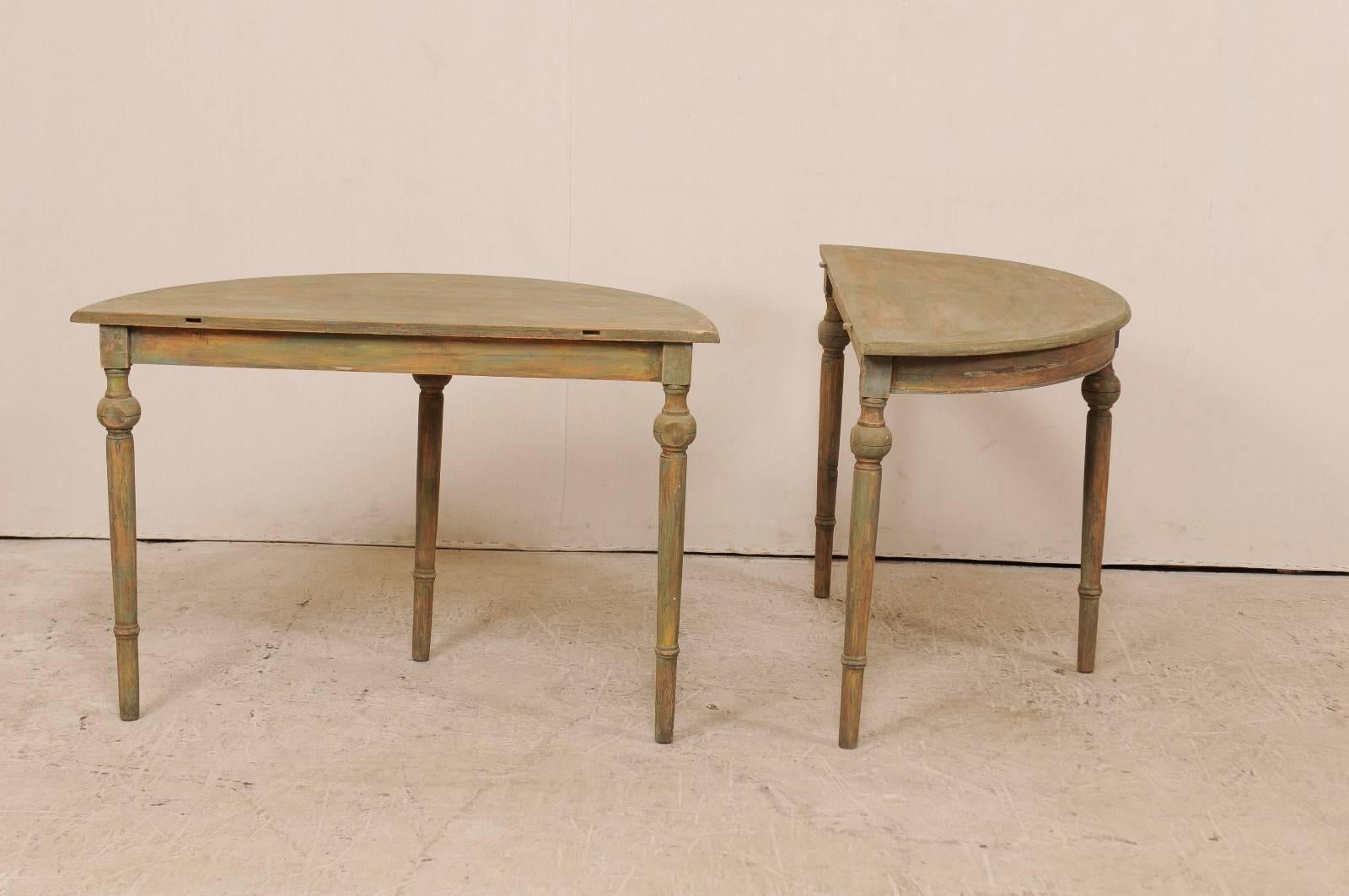 Pair of 19th Century Swedish Painted Wood Demilune Tables in Warm Sage Hues 2