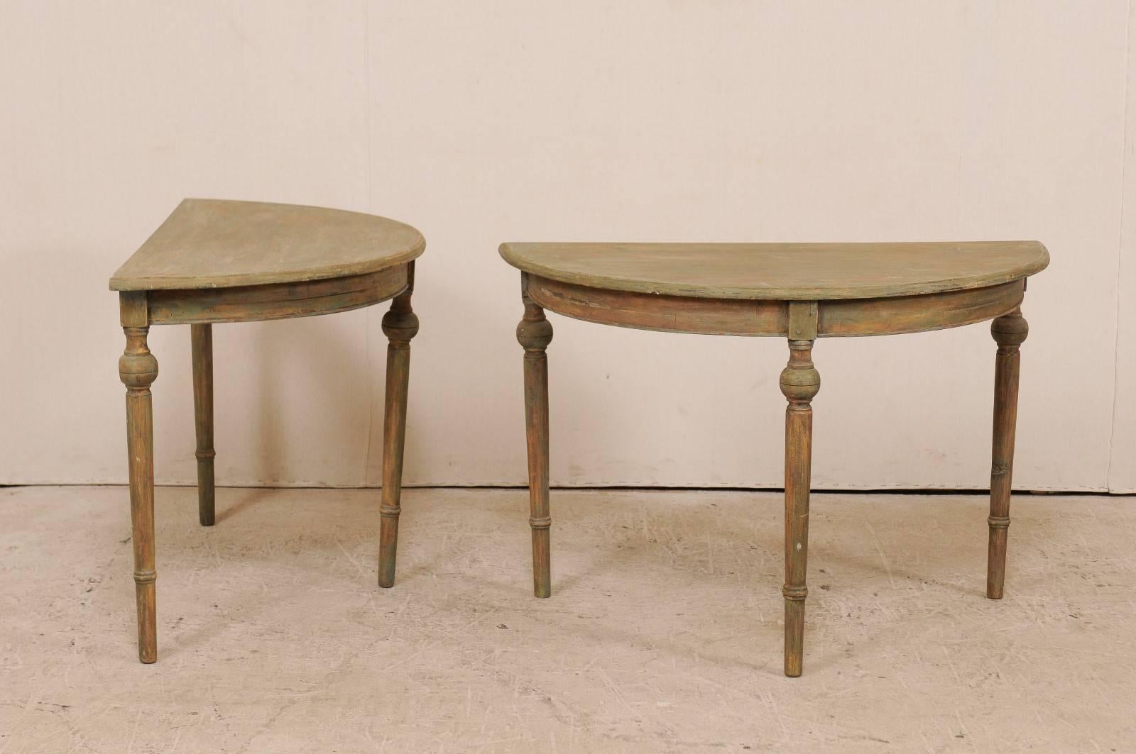 Pair of 19th Century Swedish Painted Wood Demilune Tables in Warm Sage Hues 6