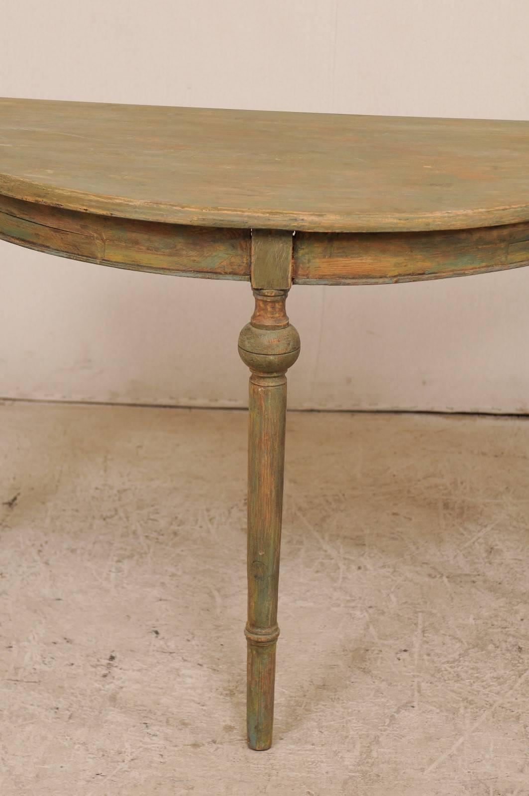 Pair of 19th Century Swedish Painted Wood Demilune Tables in Warm Sage Hues 4