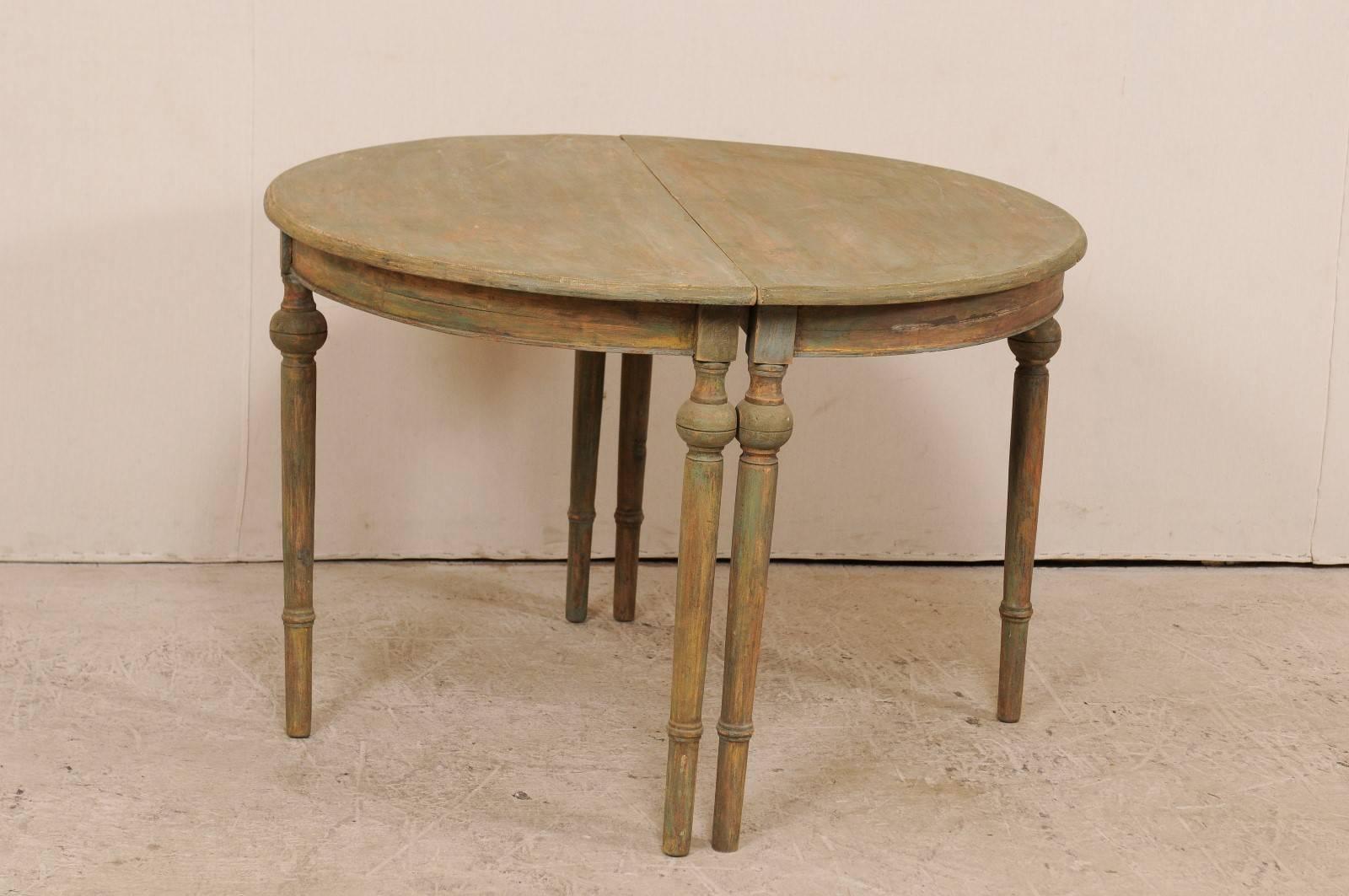 Pair of 19th Century Swedish Painted Wood Demilune Tables in Warm Sage Hues 3