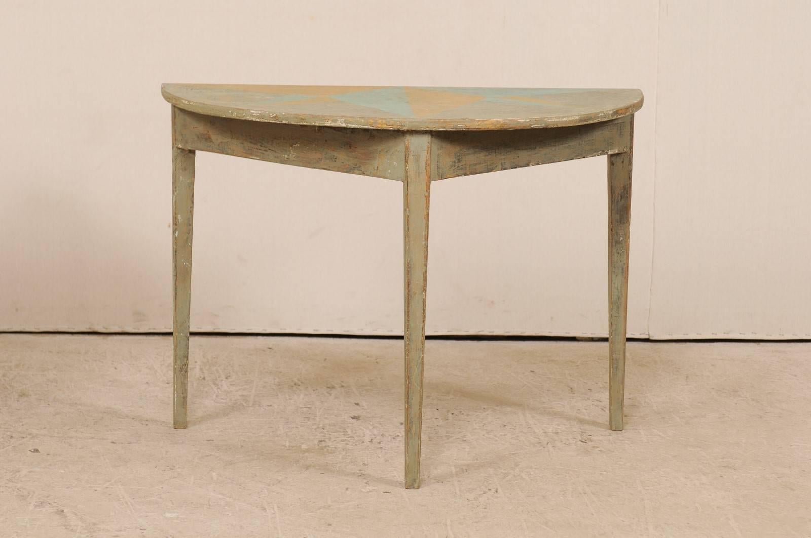 Pair of 19th Century Swedish Demilune Tables w/ Fun Star Painted Tops In Good Condition In Atlanta, GA