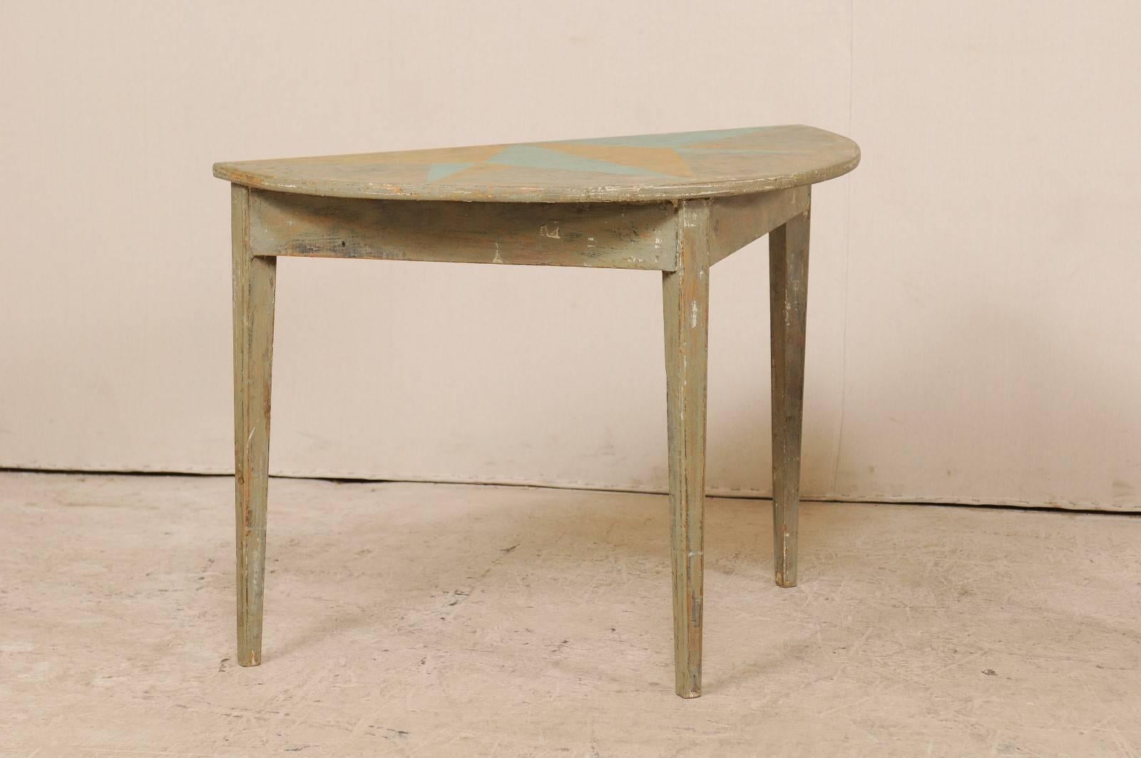 Carved Pair of 19th Century Swedish Demilune Tables w/ Fun Star Painted Tops