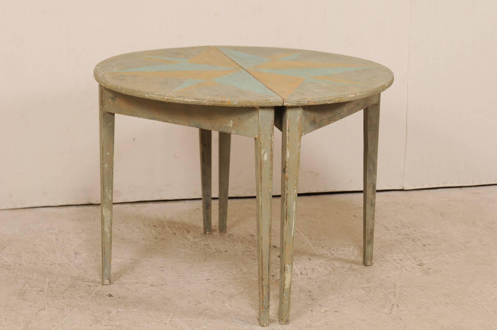 Pair of 19th Century Swedish Demilune Tables w/ Fun Star Painted Tops 2