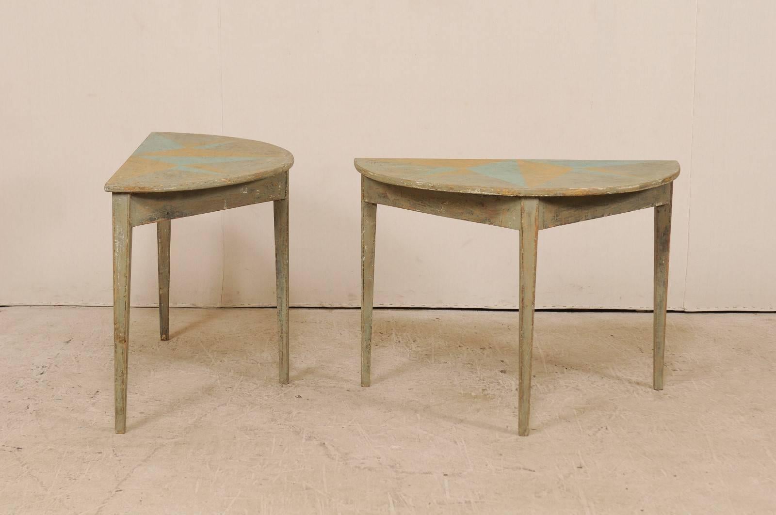 Wood Pair of 19th Century Swedish Demilune Tables w/ Fun Star Painted Tops