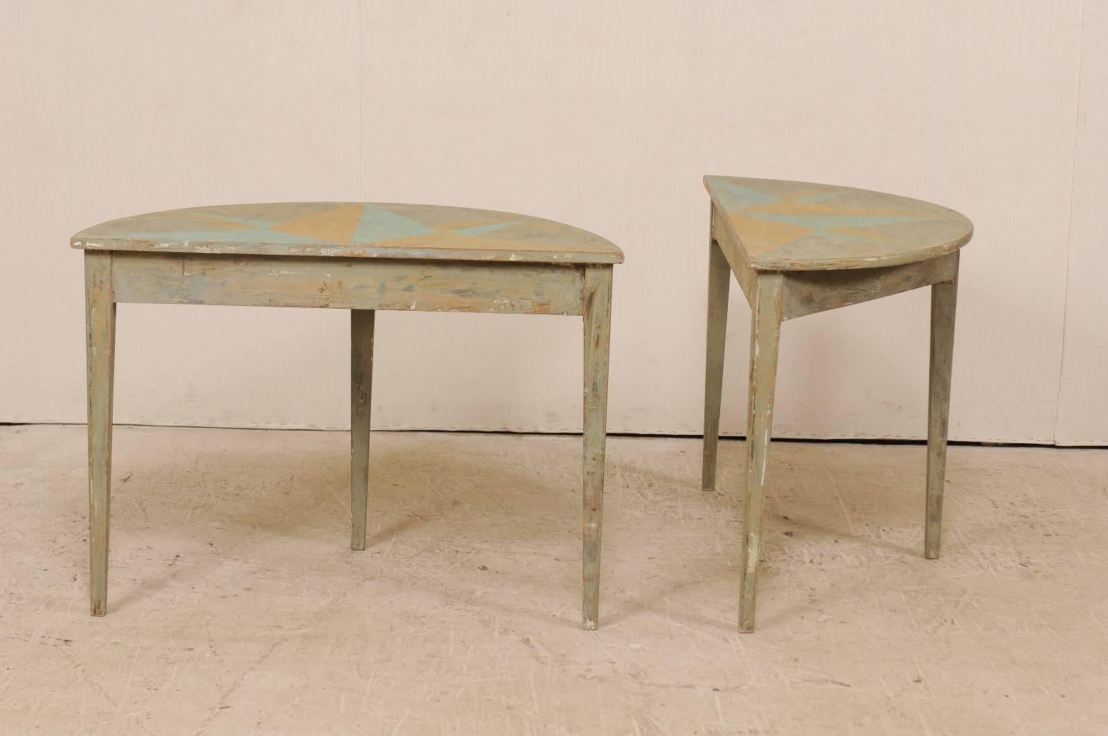 Pair of 19th Century Swedish Demilune Tables w/ Fun Star Painted Tops 1