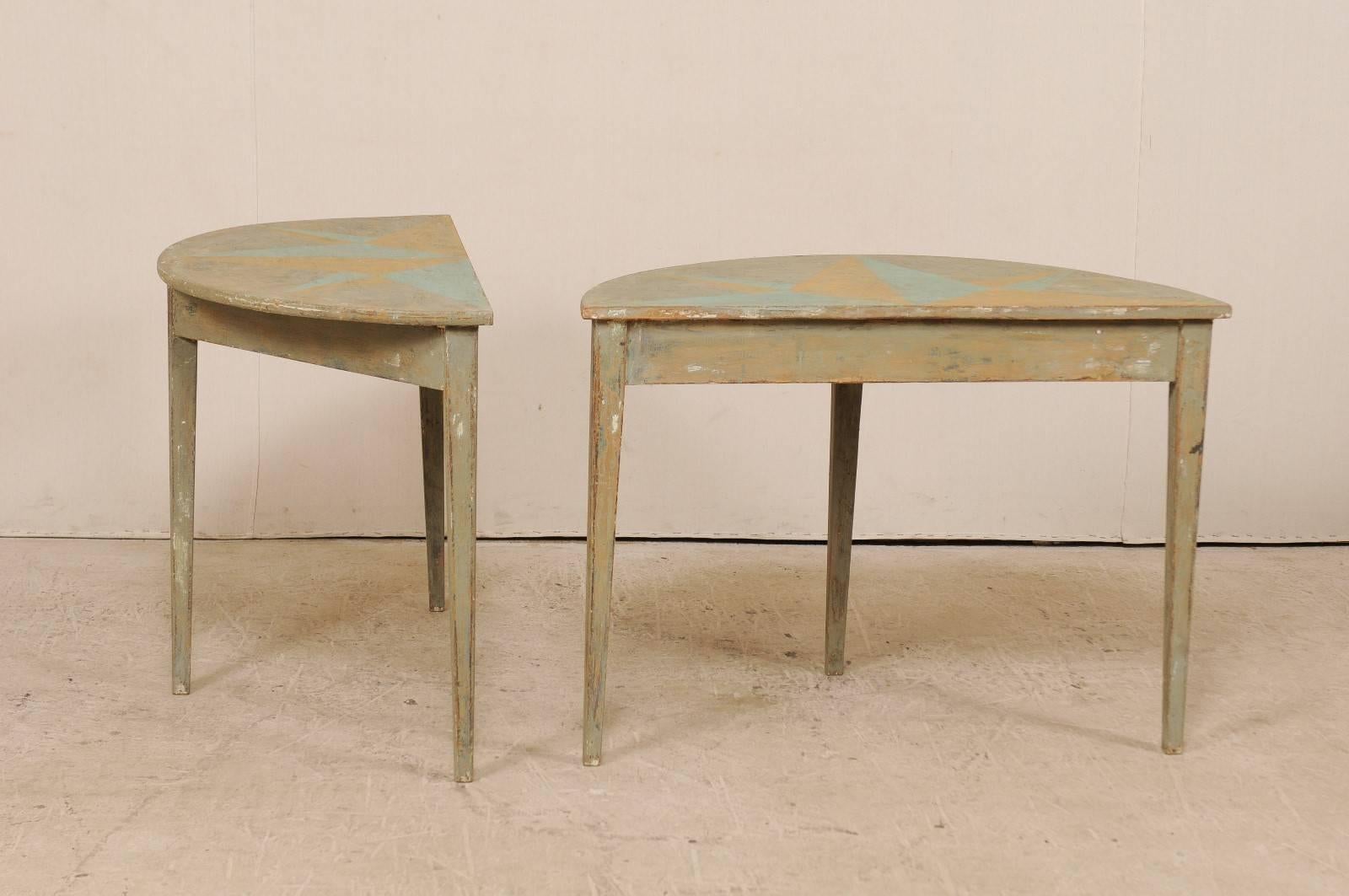 Pair of 19th Century Swedish Demilune Tables w/ Fun Star Painted Tops 4