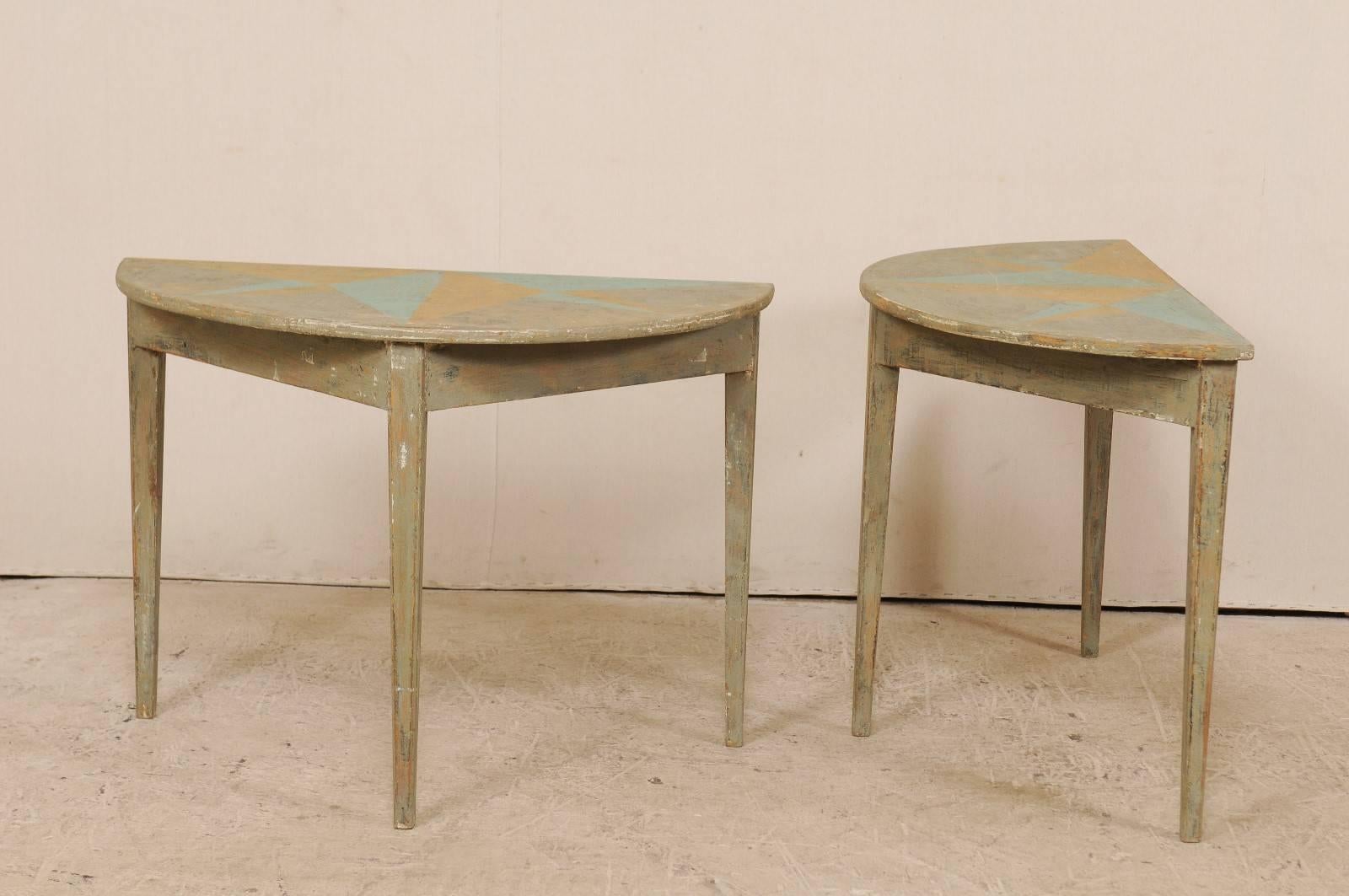 Pair of 19th Century Swedish Demilune Tables w/ Fun Star Painted Tops 5