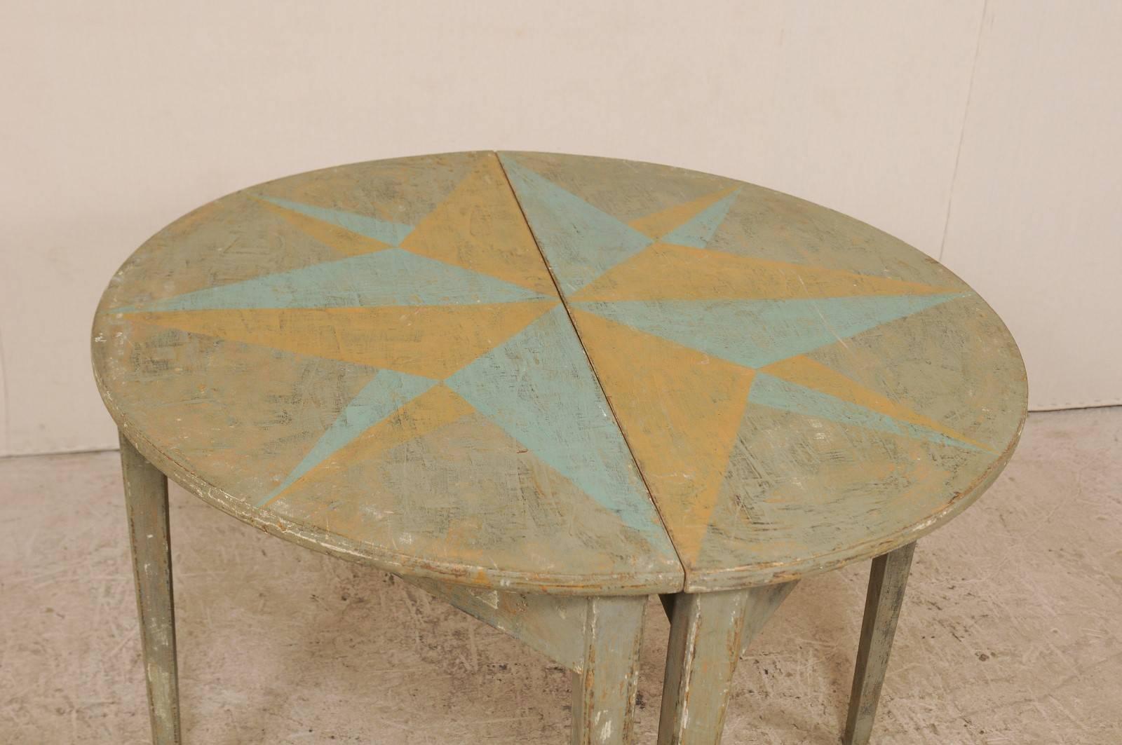 Pair of 19th Century Swedish Demilune Tables w/ Fun Star Painted Tops 3