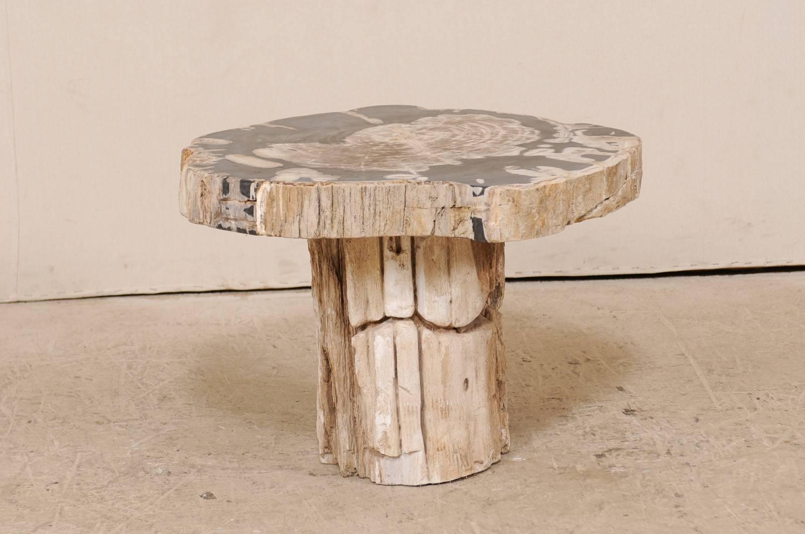 A petrified wood coffee table. This petrified wood coffee table features a round shaped top over a pedestal style base. The two-toned top mixes bone, beige, and black tones. The top simply sits on the base. The table is very heavy as petrified wood