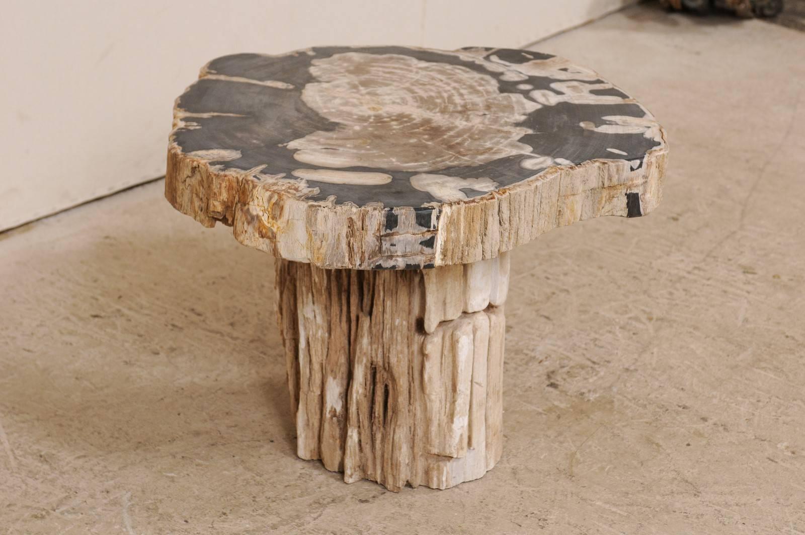 Indonesian Petrified Wood Pedestal Coffee Table in Cream, Beige and Black Hues