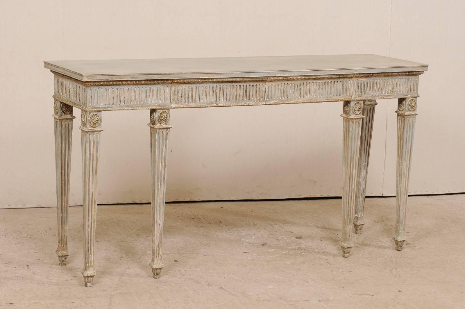 American Gustavian Style Carved Wood Console Table with Fluting Detail & Discreet Drawers