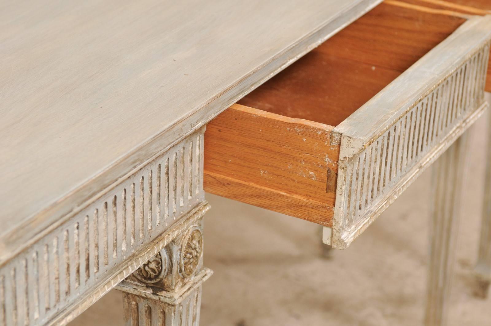 Gustavian Style Carved Wood Console Table with Fluting Detail & Discreet Drawers 2