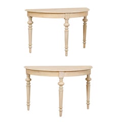 Antique Pair of Swedish Demilune Tables with Turned Legs in Light Cream Beige