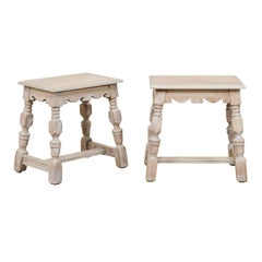 Pair of French Carved and Painted Soft Grey Wood Stools, Late 19th Century