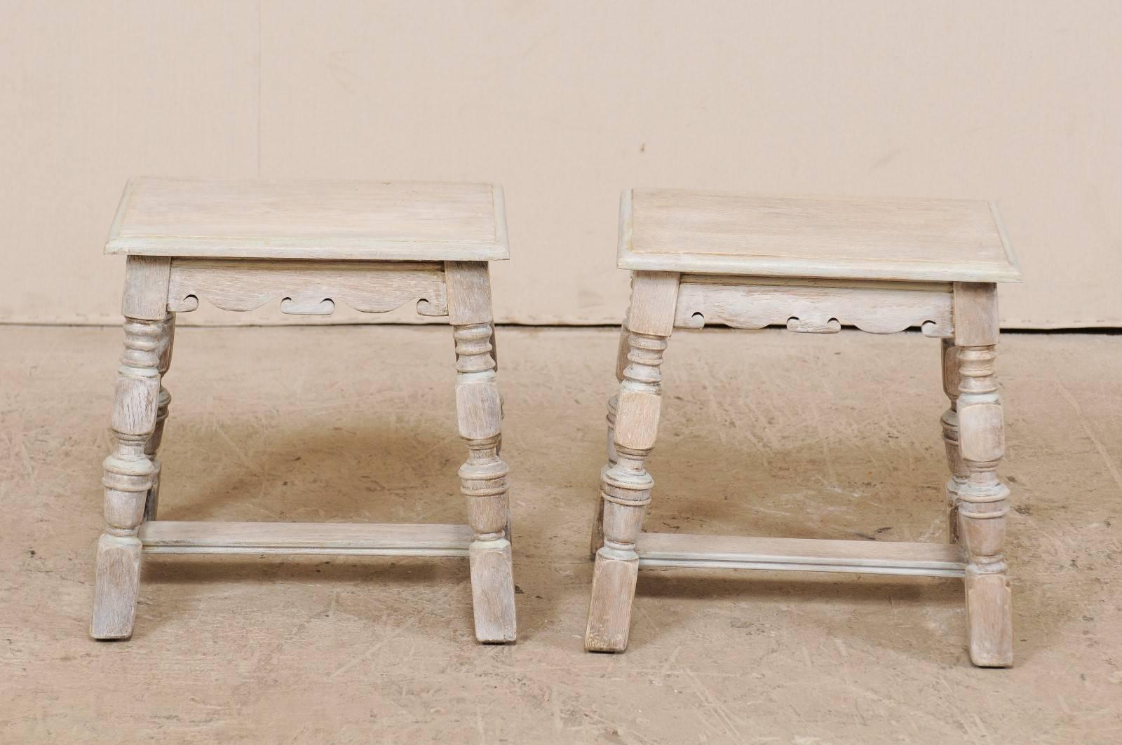 Pair of French Carved and Painted Soft Grey Wood Stools, Late 19th Century 6