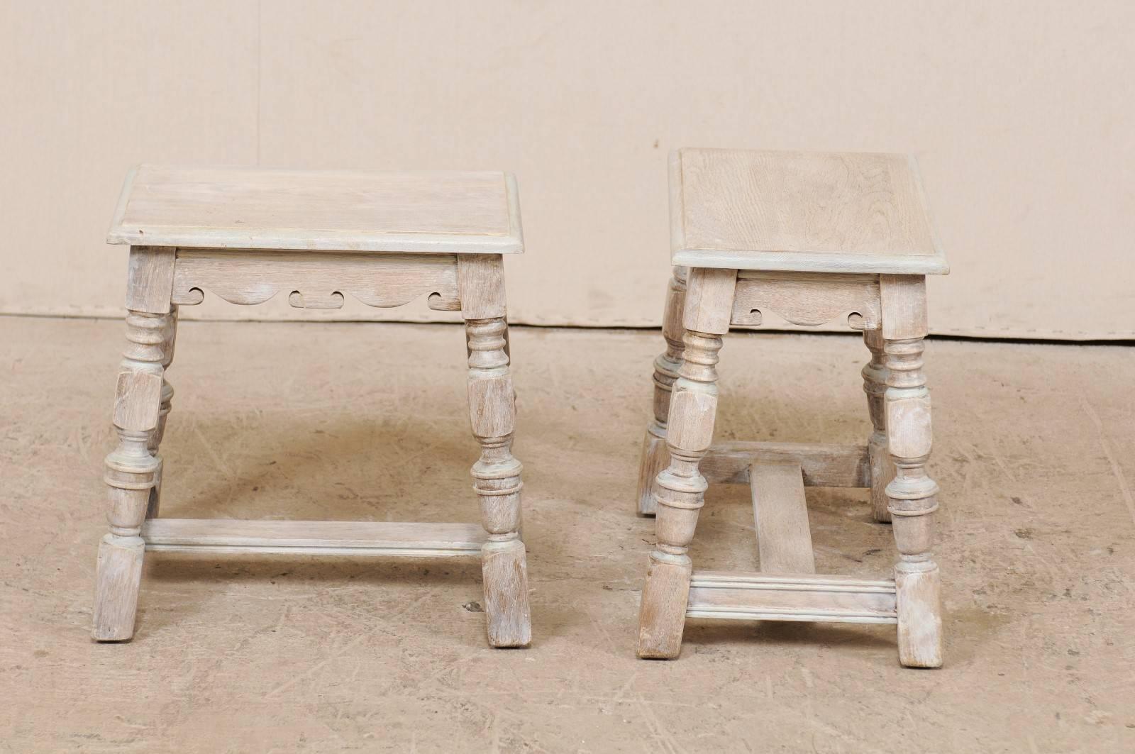 Pair of French Carved and Painted Soft Grey Wood Stools, Late 19th Century 3