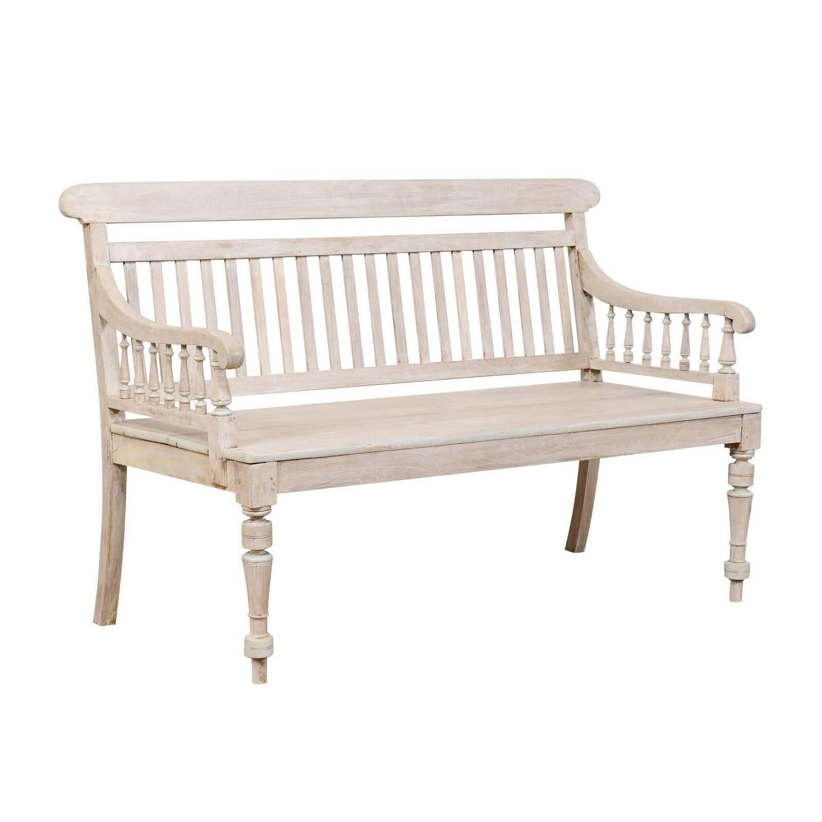 British Colonial Painted and Carved Teak Wood Neutral Grey Bench from India