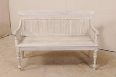 British Colonial Painted and Carved Teak Wood Neutral Grey Bench from India