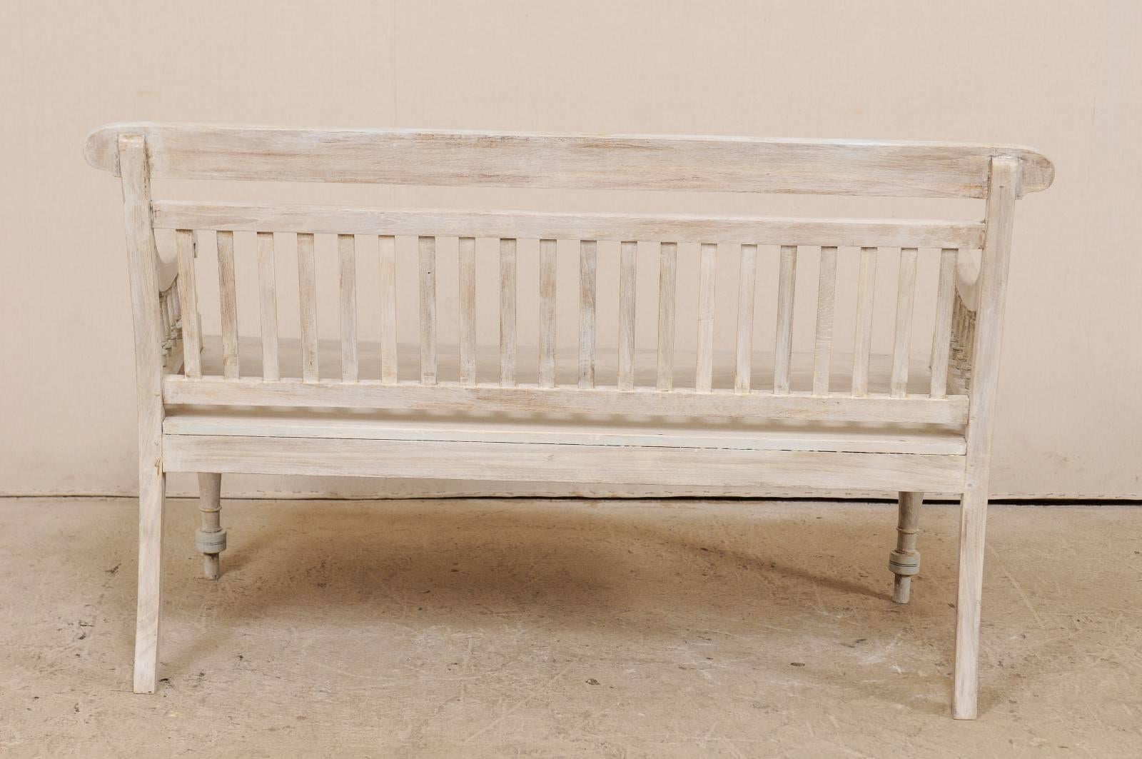 20th Century British Colonial Painted and Carved Teak Wood Neutral Grey Bench from India