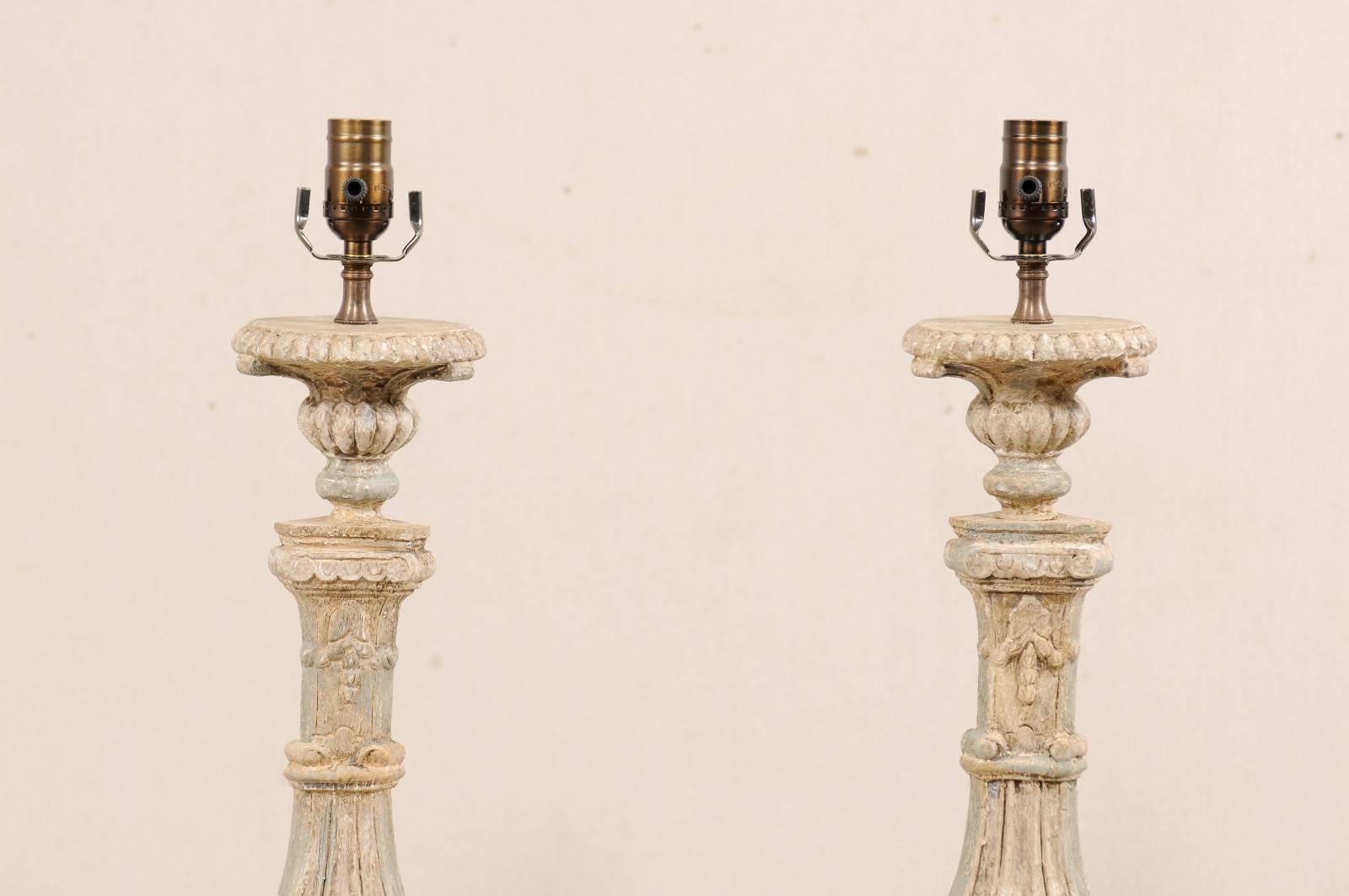 Pair of Italian Style Hand-Carved and Painted Tall Candlestick Table Lamps In Good Condition In Atlanta, GA