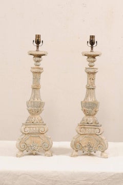 Pair of Italian Style Hand-Carved and Painted Tall Candlestick Table Lamps