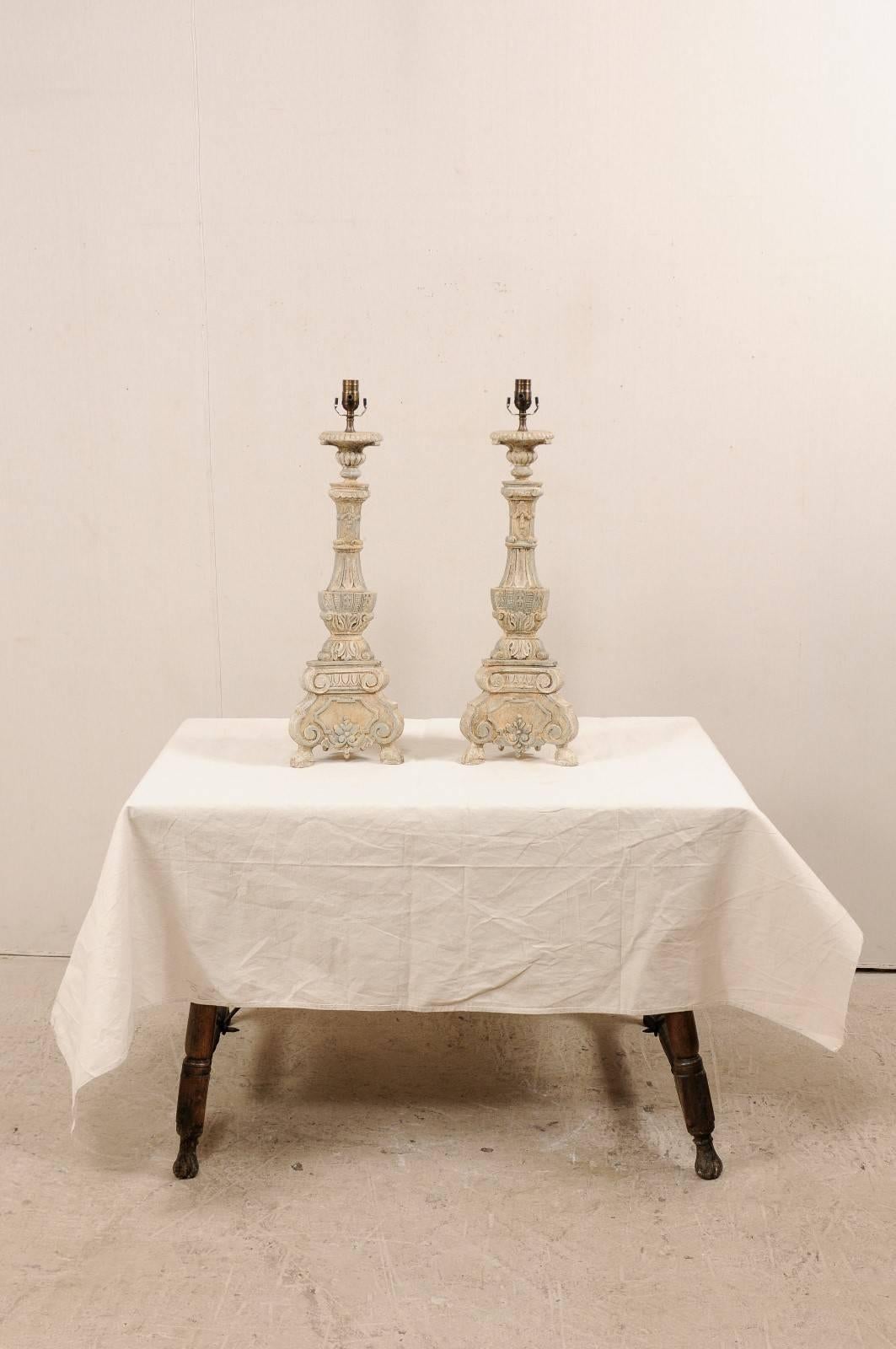 Indonesian Pair of Italian Style Hand-Carved and Painted Tall Candlestick Table Lamps