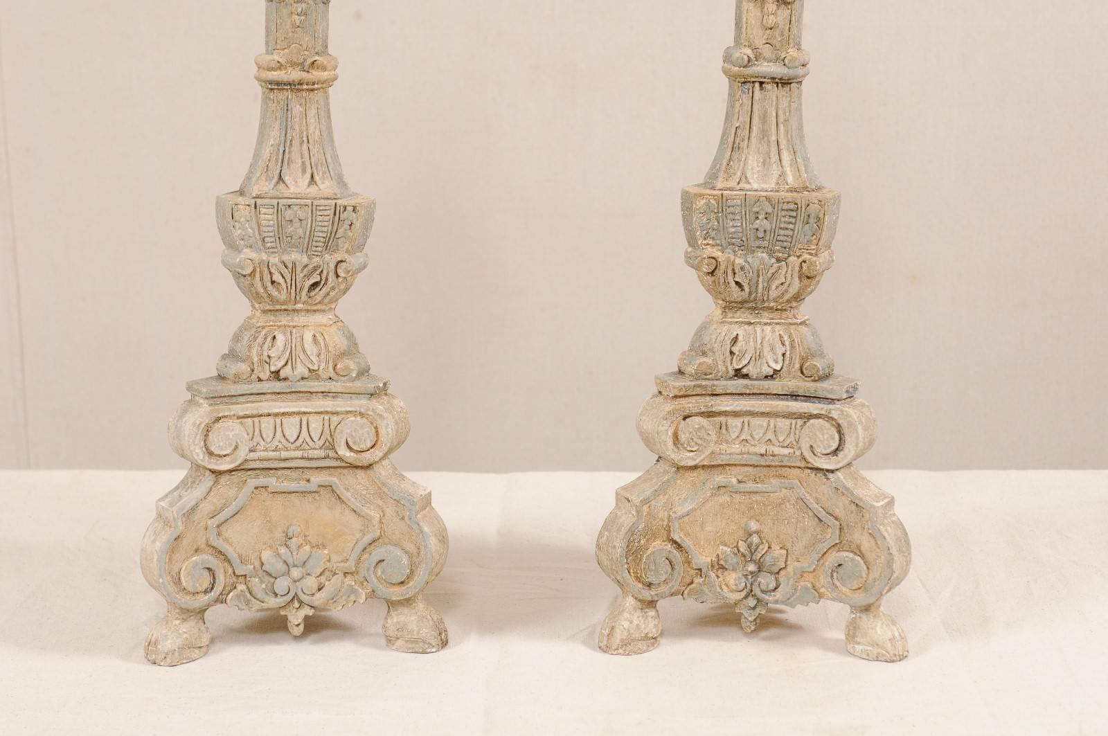 Contemporary Pair of Italian Style Hand-Carved and Painted Tall Candlestick Table Lamps