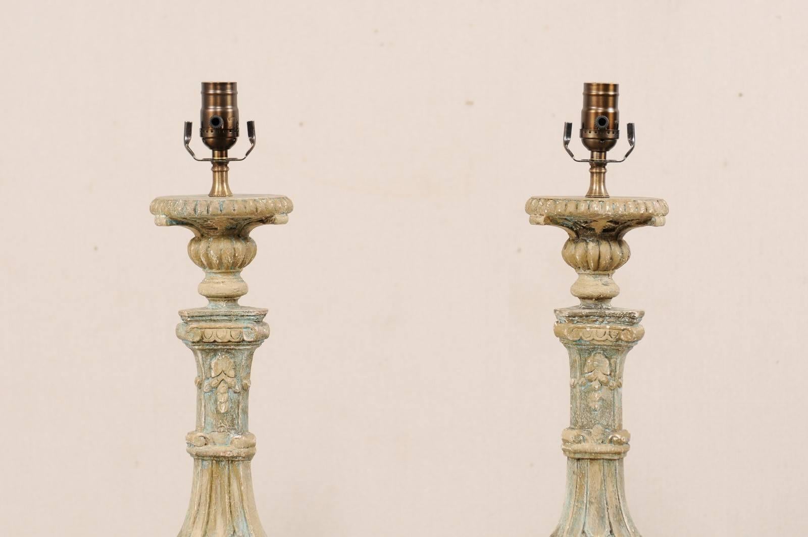 Indonesian Pair of Italian Style Ornate Hand-Carved and Painted Tall Table Lamps