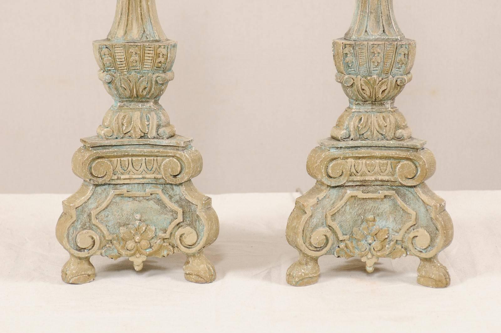 Contemporary Pair of Italian Style Ornate Hand-Carved and Painted Tall Table Lamps