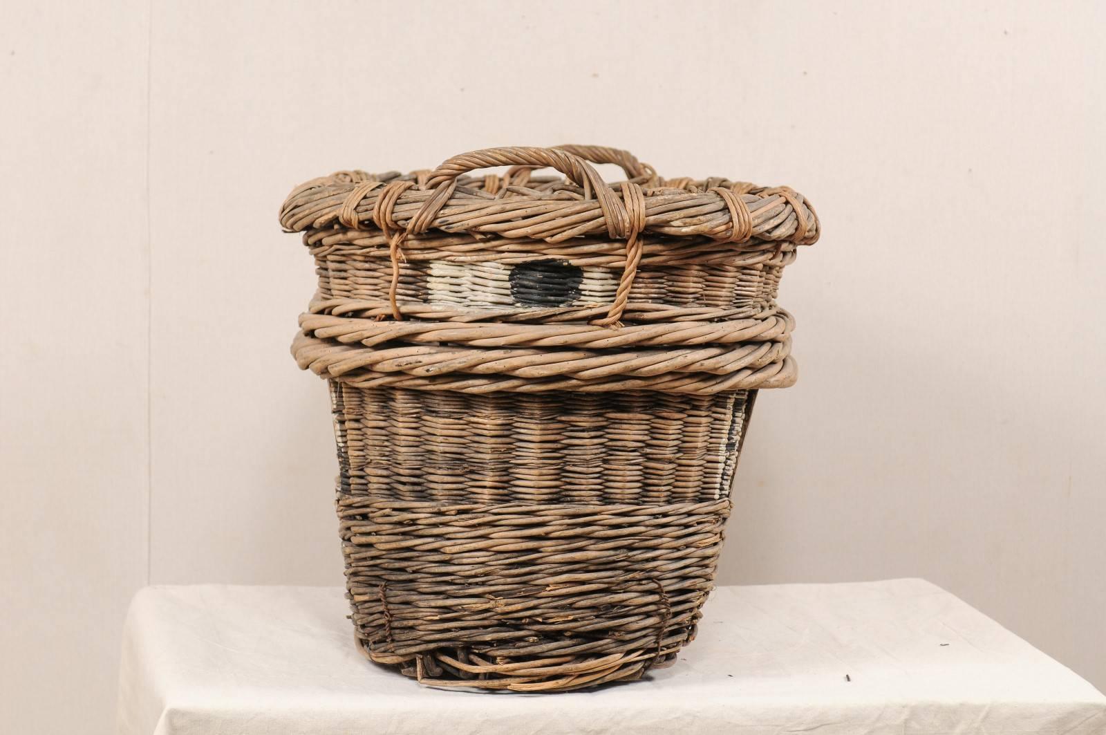 Hand-Painted Mid Century French Grape Harvesting Woven Wicker Basket with Two Handles