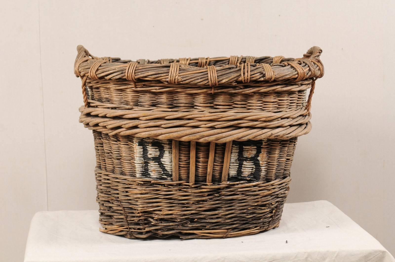 Rustic Mid Century French Grape Harvesting Woven Wicker Basket with Two Handles