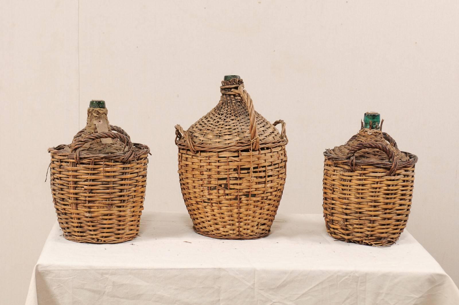 Set von drei französischen gewebten Vintner-Weinkrügen aus der Mitte des Jahrhunderts mit Demijohn-Weinflaschen (Französisch) im Angebot