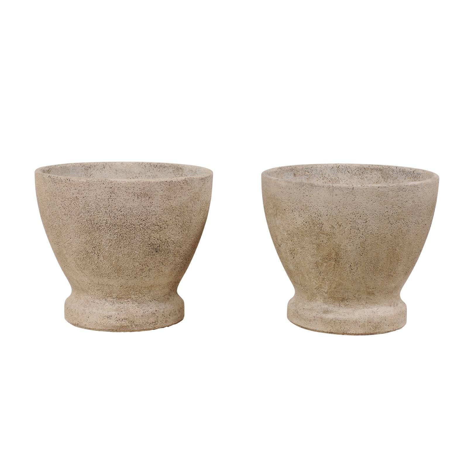 Pair of French Midcentury Cast Stone Round Planters in Natural Grey Hues