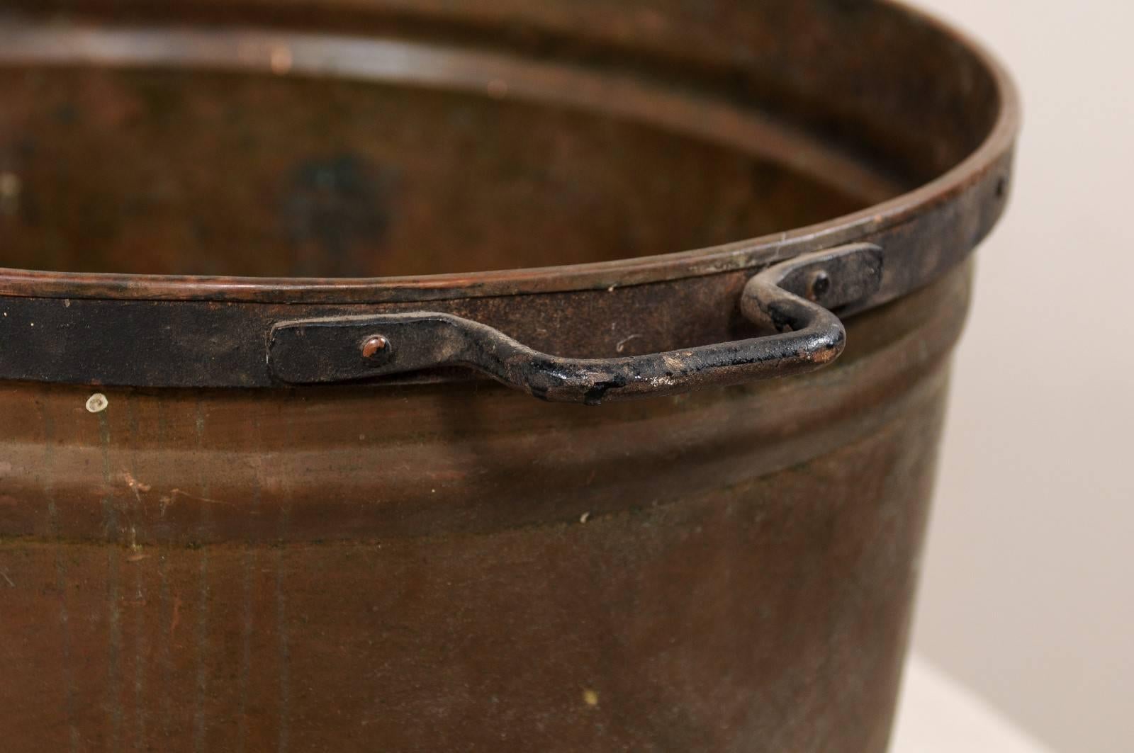 Patinated Vintage French Large Copper Kitchen Pot with Handles, Spout and Lovely Patina For Sale