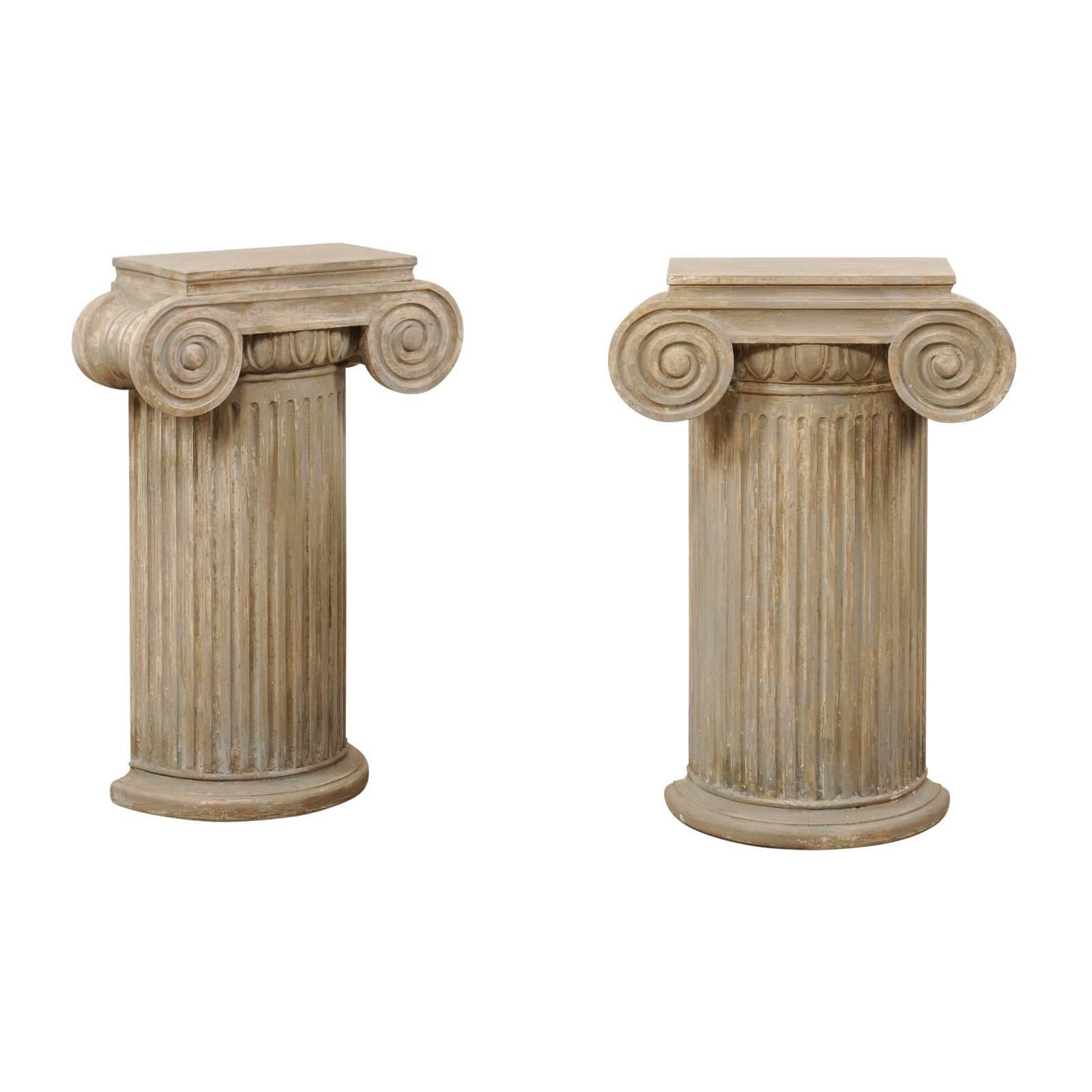 Pair of Vintage Carved Wood Ionic Fluted Column Pedestals with Neutral Finish