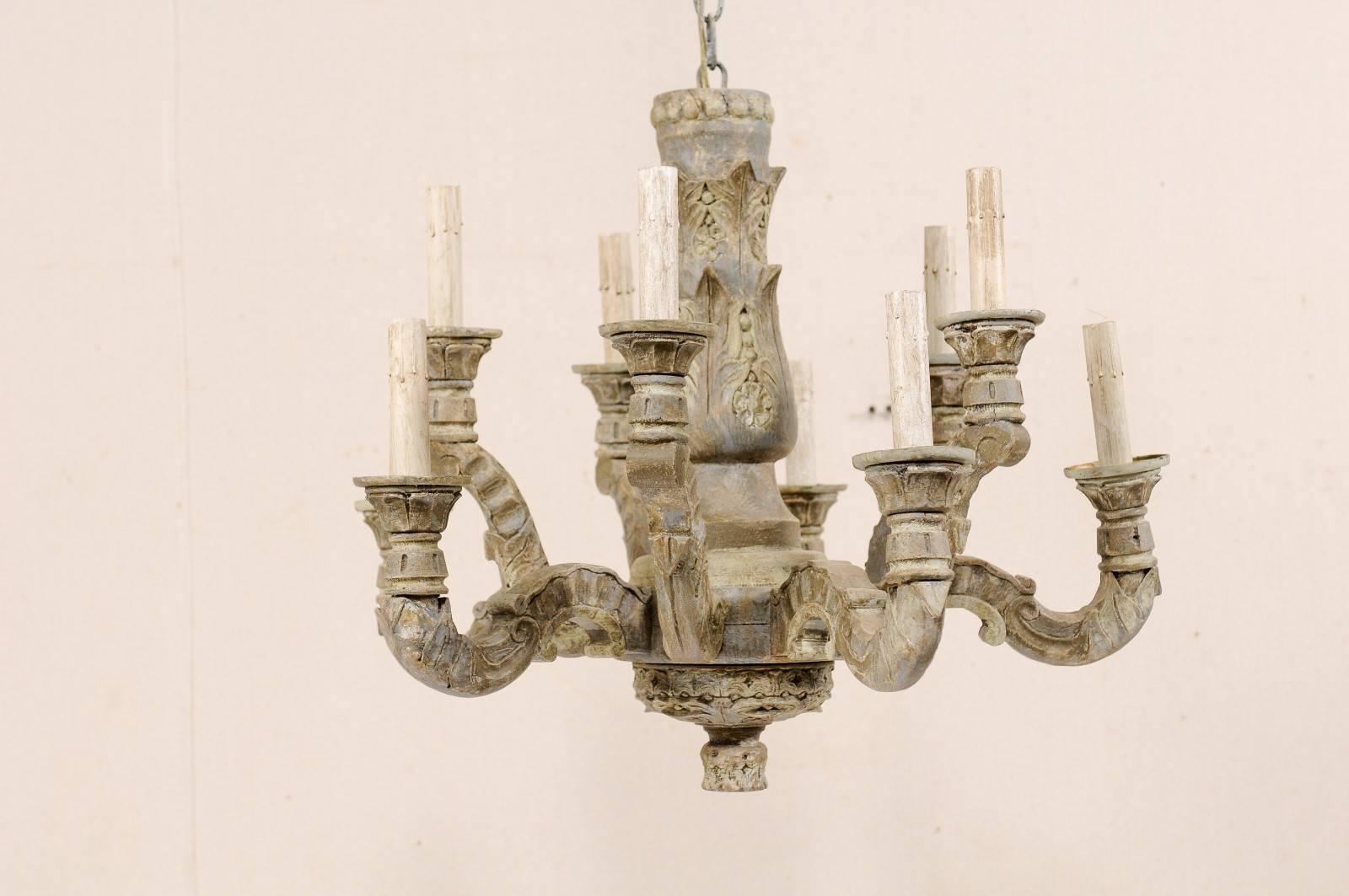 A French Vintage Ten-Light Carved and Painted Wood Soft Grey Chandelier 2