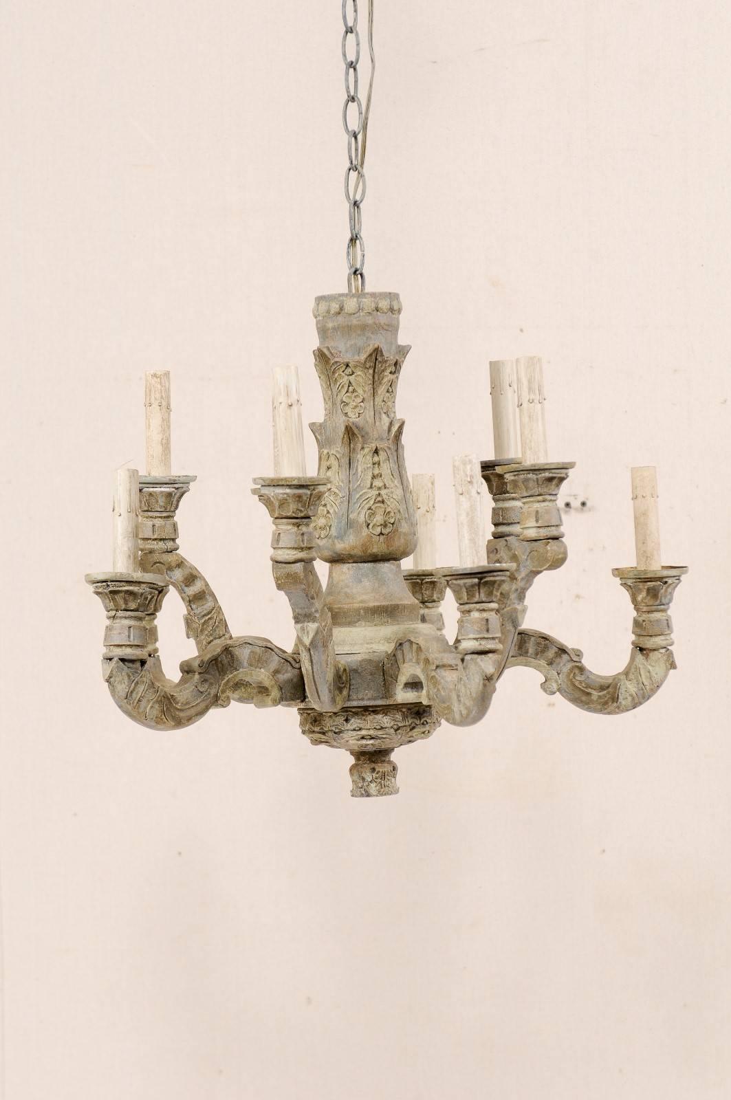 A French Vintage Ten-Light Carved and Painted Wood Soft Grey Chandelier In Good Condition In Atlanta, GA