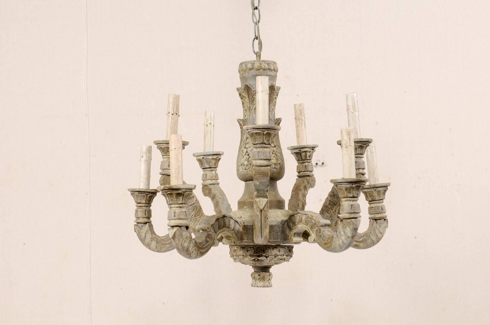 A French Vintage Ten-Light Carved and Painted Wood Soft Grey Chandelier 3