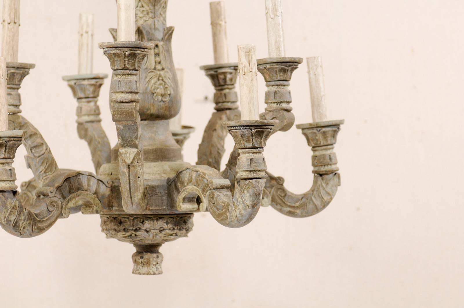 A French Vintage Ten-Light Carved and Painted Wood Soft Grey Chandelier 4