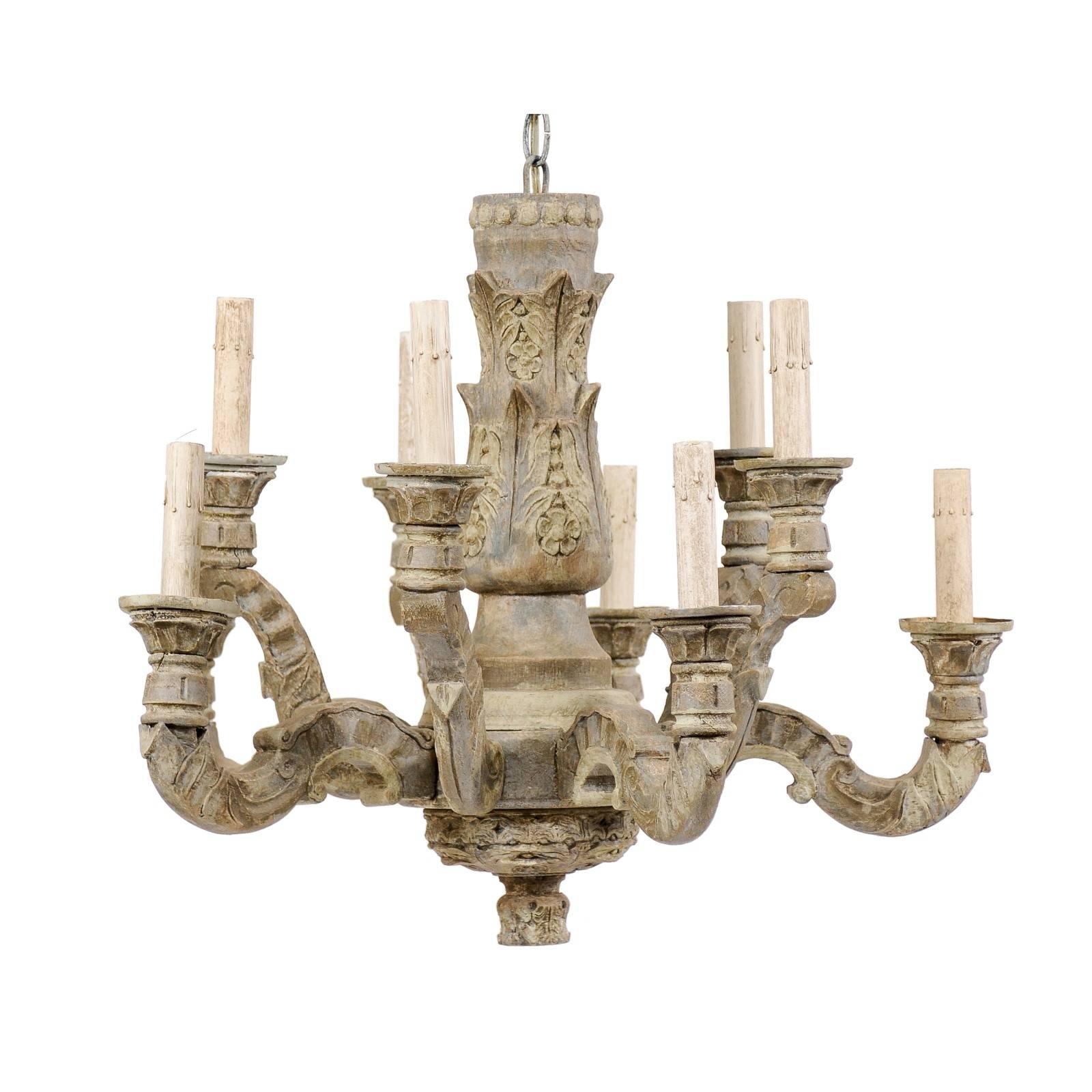 A French Vintage Ten-Light Carved and Painted Wood Soft Grey Chandelier